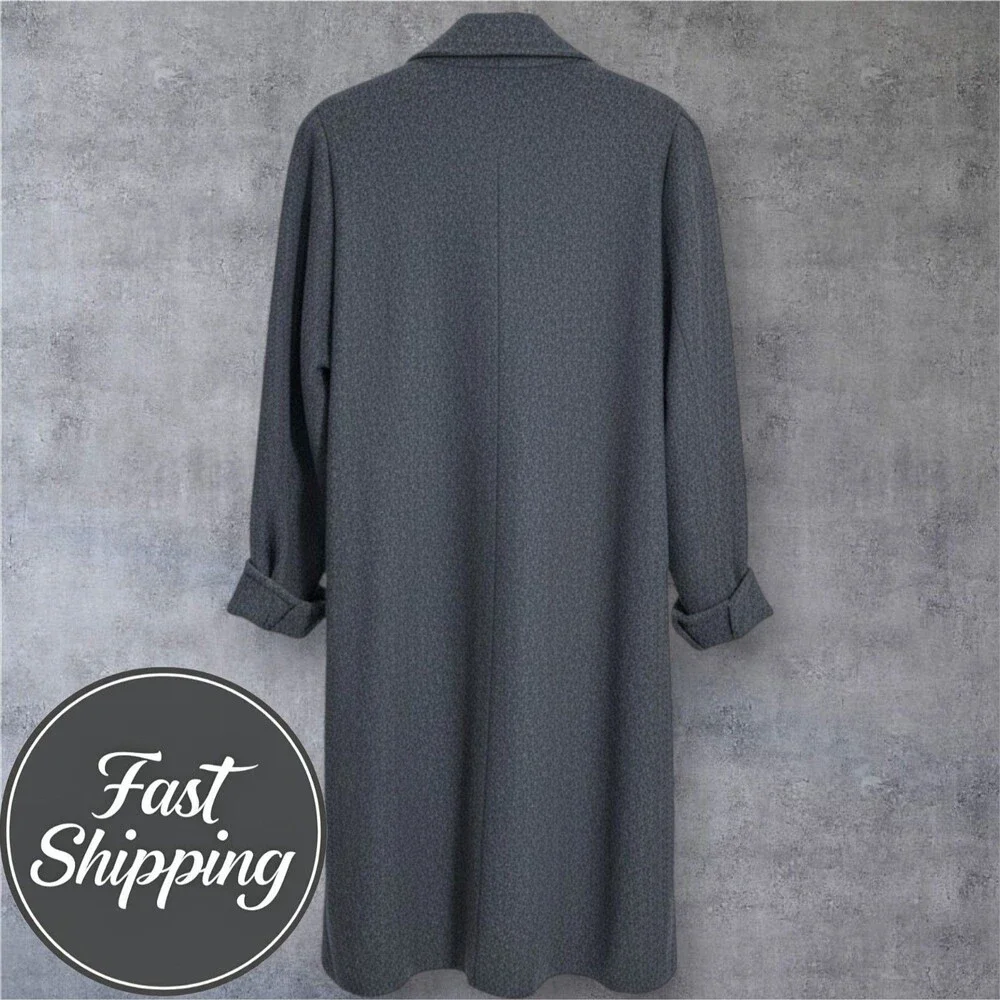 WMNS Vintage Wool Double Breasted Overcoat L Gray Padded Shoulders Oversized 80s